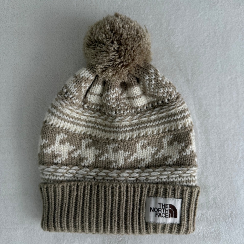 NWOT The North Face Fair Isle Womens Pom Pom Beanie Tan White One Size